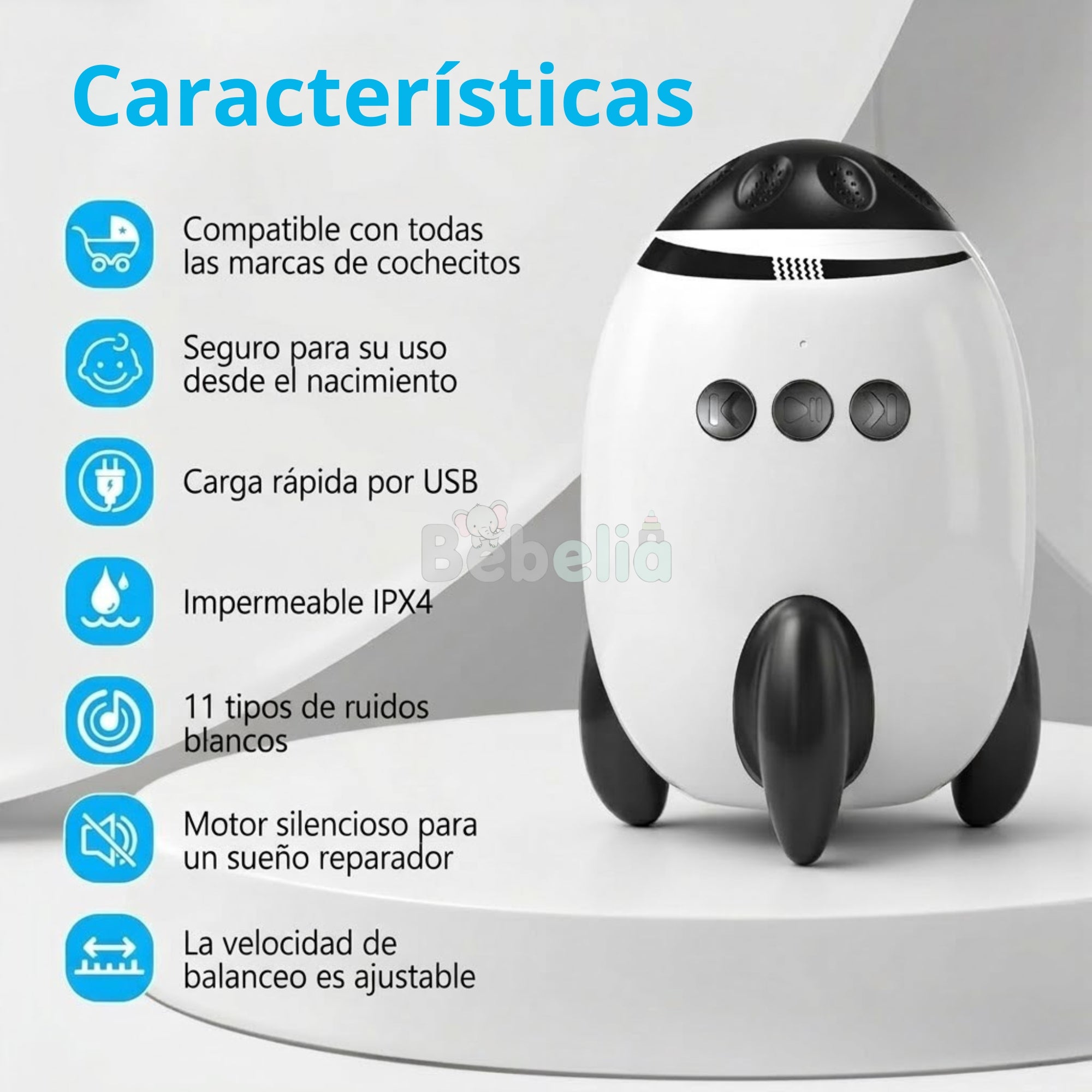 Rocket Bebelia  - Balanceador de Carrito con Ruido Blanco.